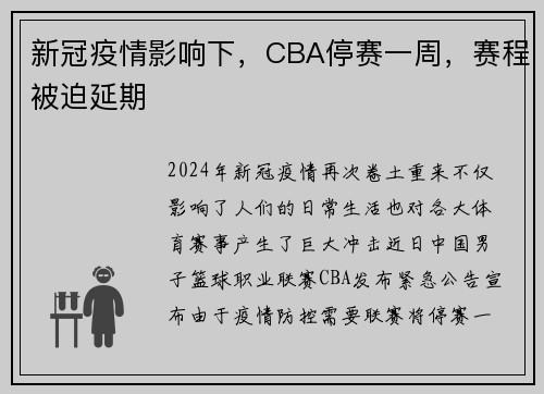 新冠疫情影响下，CBA停赛一周，赛程被迫延期